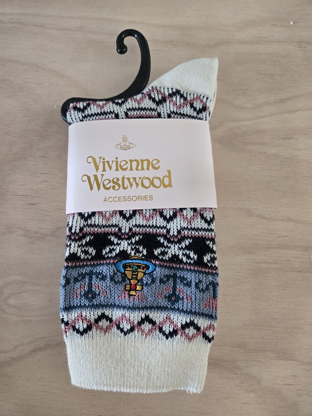 Vivienne Westwood Ladies Patterned Crew Socks in Cream, Black & Blue